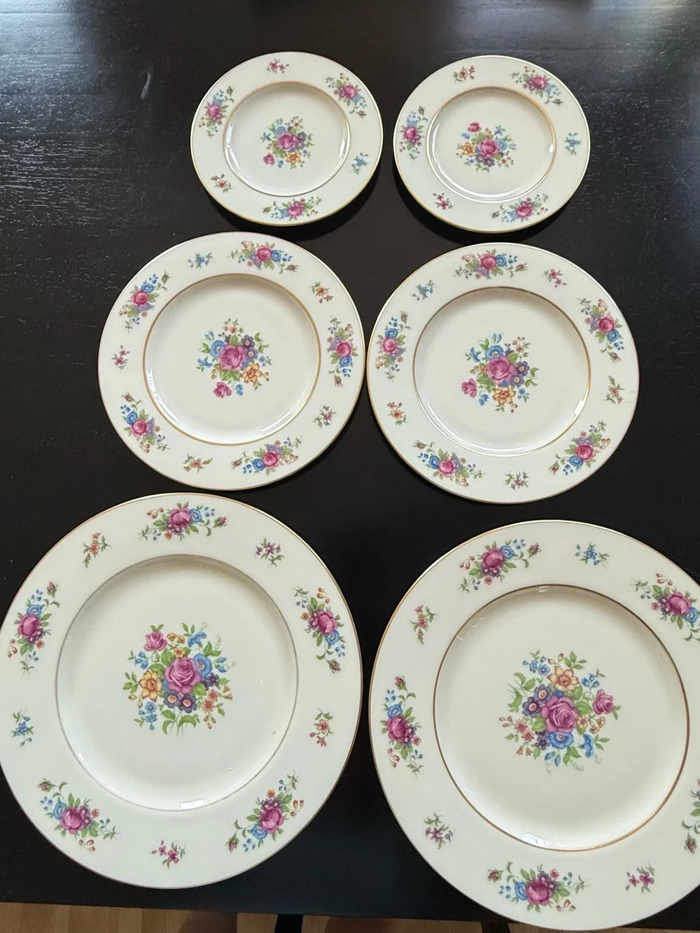 Lenox Floral Rose Bone China Dinner Plates in Pink, Blue and Gold Trim